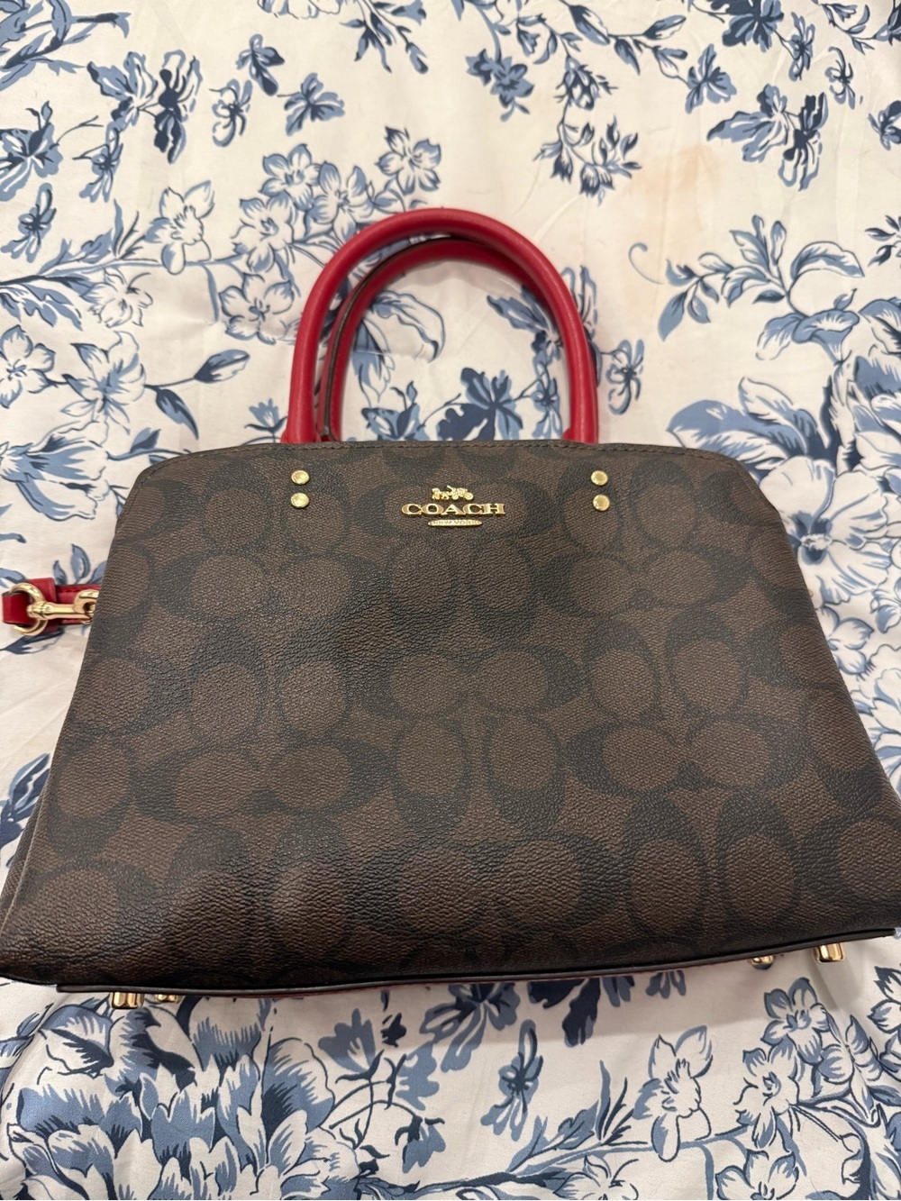 COACH Brown Signature Satchel with Red Handles and Gold Hardware